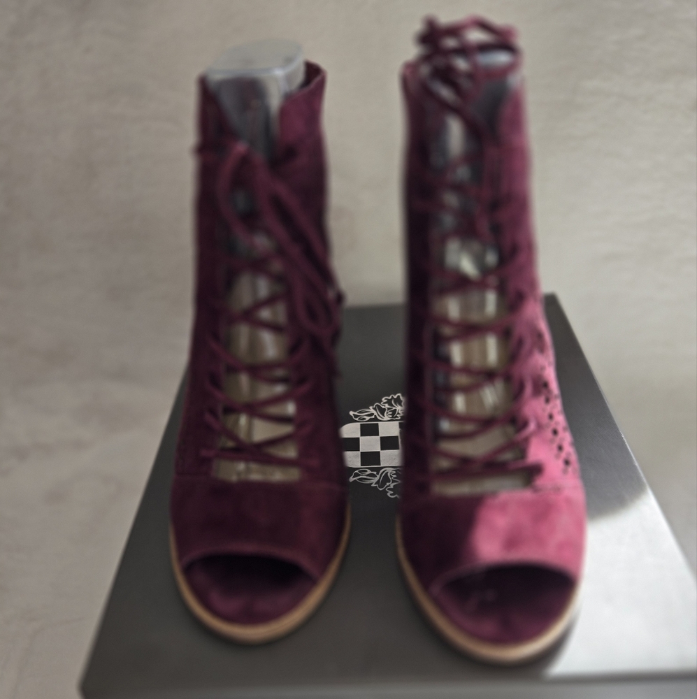 Burgundy Lace-Up Heeled Boots